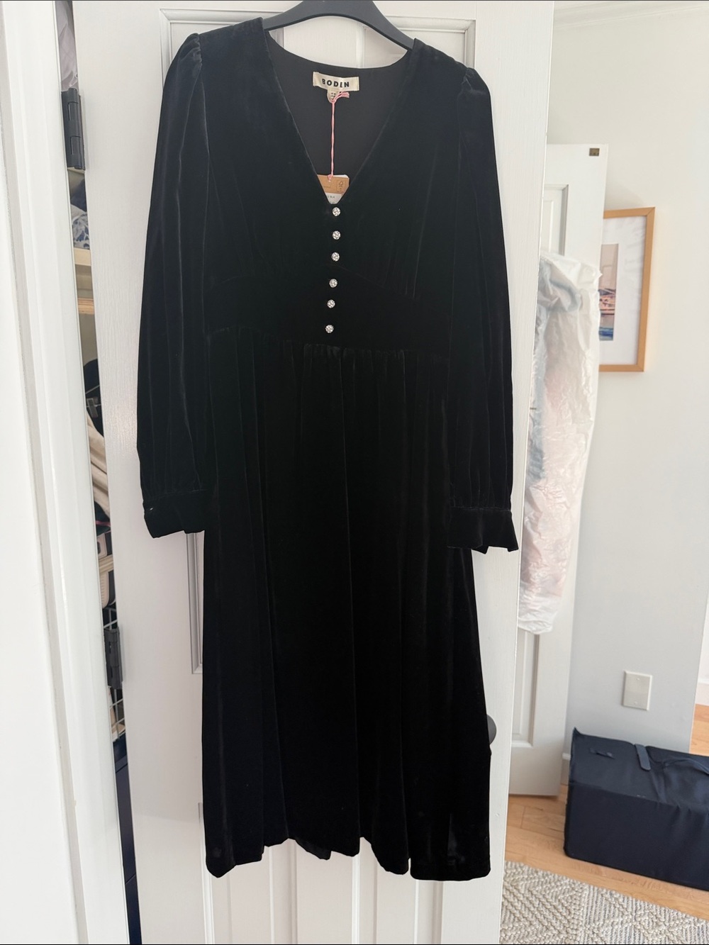 Boden Black Velvet Long Sleeve Midi Dress
